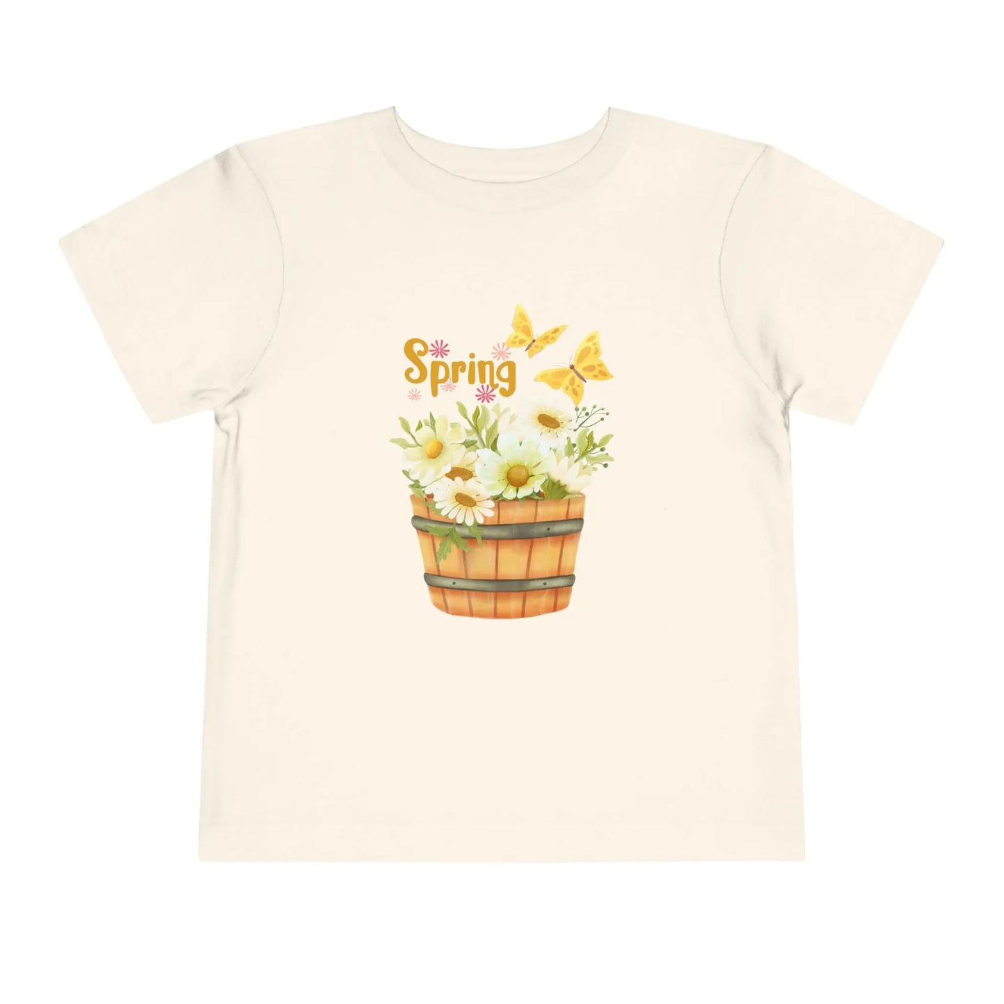 Soft cotton toddler tee with watercolor daisy basket, butterflies, and Hello Spring script. Perfect for spring playtime and garden adventures. Sizes 2T-5T. Natural
