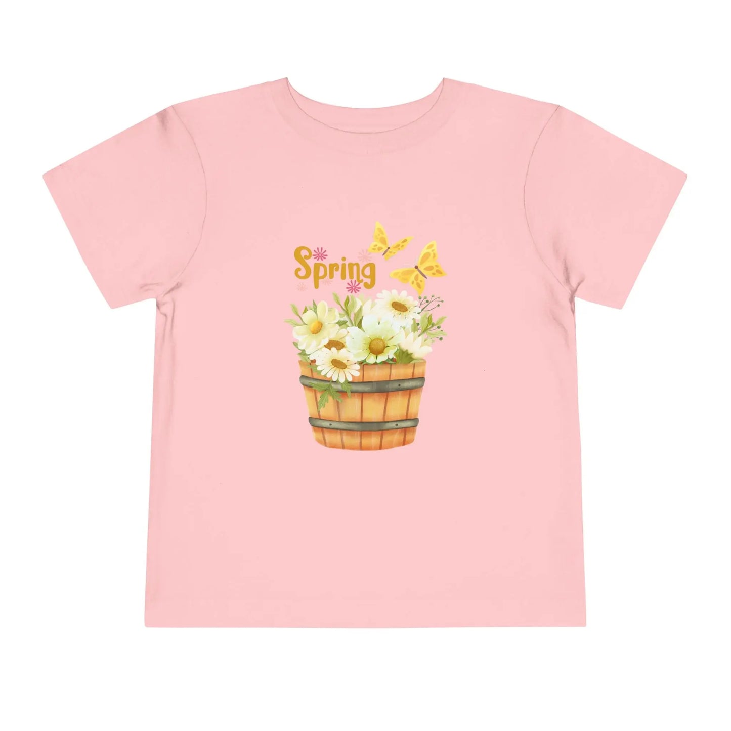 Soft cotton toddler tee with watercolor daisy basket, butterflies, and Hello Spring script. Perfect for spring playtime and garden adventures. Sizes 2T-5T. Pink
