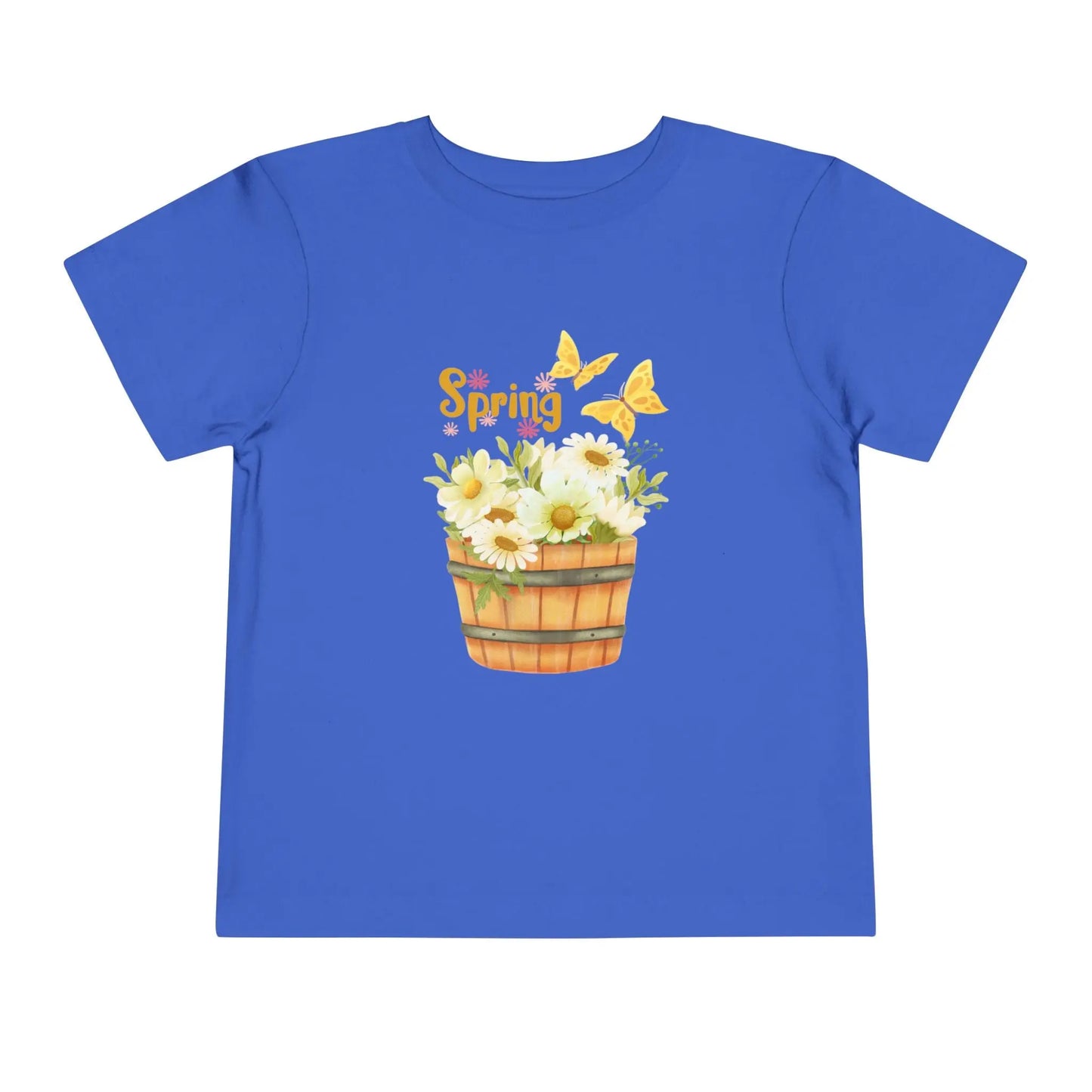 Soft cotton toddler tee with watercolor daisy basket, butterflies, and Hello Spring script. Perfect for spring playtime and garden adventures. Sizes 2T-5T. True Royal
