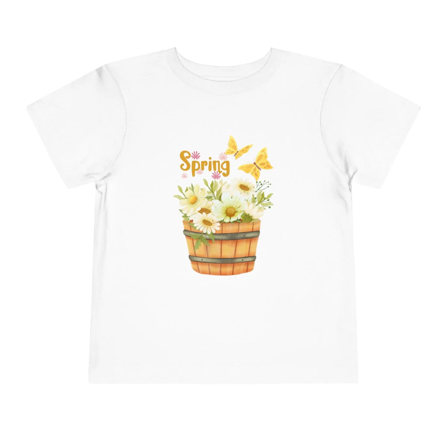 Soft cotton toddler tee with watercolor daisy basket, butterflies, and Hello Spring script. Perfect for spring playtime and garden adventures. Sizes 2T-5T. White
