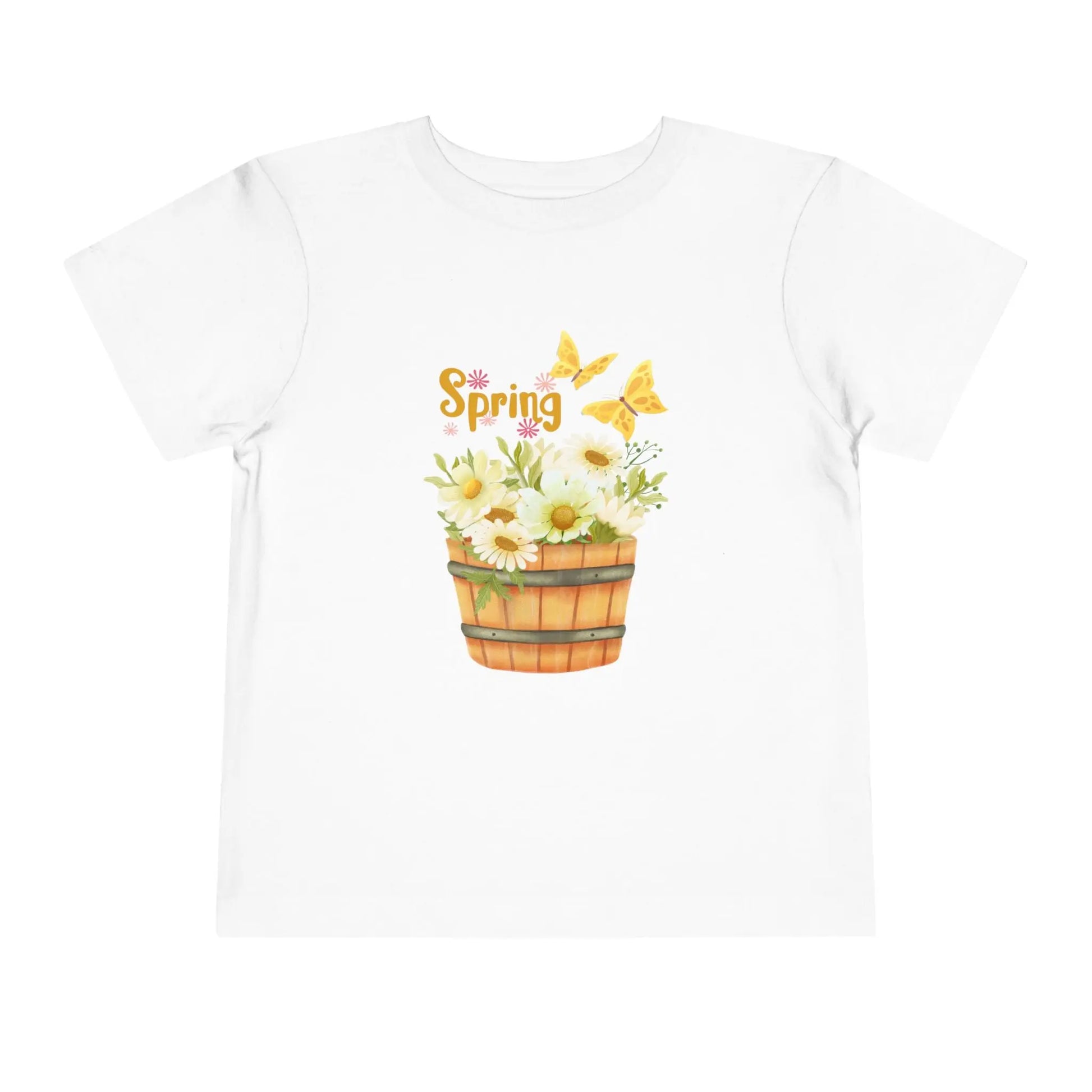 Soft cotton toddler tee with watercolor daisy basket, butterflies, and Hello Spring script. Perfect for spring playtime and garden adventures. Sizes 2T-5T. White
