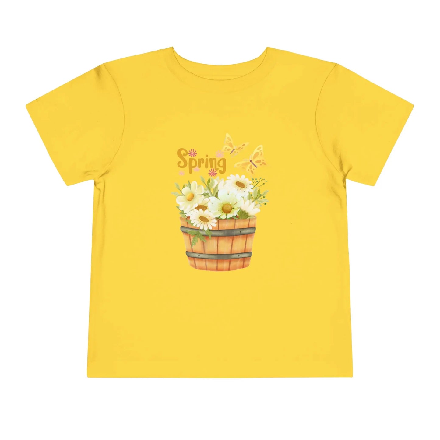 Soft cotton toddler tee with watercolor daisy basket, butterflies, and Hello Spring script. Perfect for spring playtime and garden adventures. Sizes 2T-5T. Yellow
