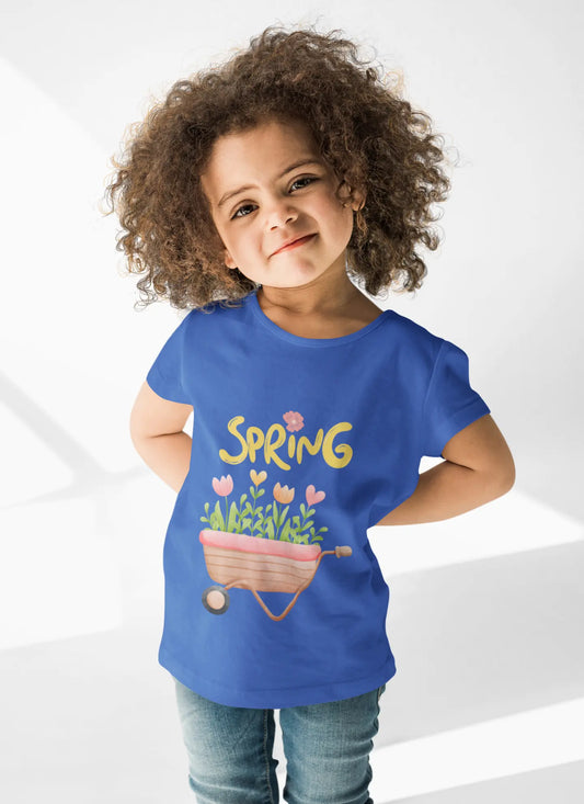 Toddler wearing Hello Spring tee with floral wheelbarrow and tulip graphic,
True Royal