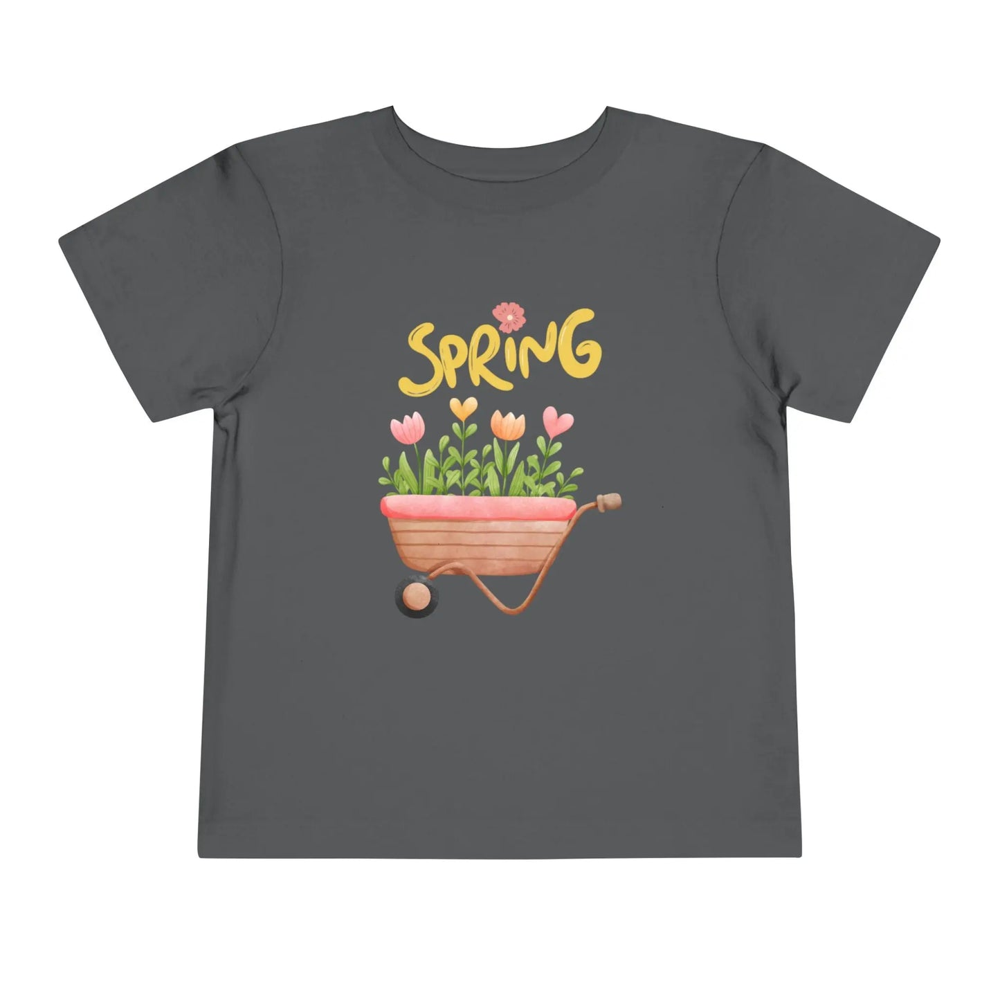 Soft cotton toddler tee with hand-drawn tulips, smiling wheelbarrow, and Spring lettering. Perfect for backyard adventures and playdates. Sizes 2T-5T. Asphalt
