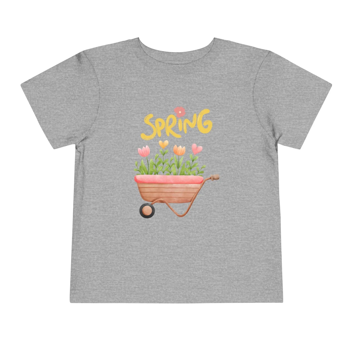 Soft cotton toddler tee with hand-drawn tulips, smiling wheelbarrow, and Spring lettering. Perfect for backyard adventures and playdates. Sizes 2T-5T. Athletic  Grey