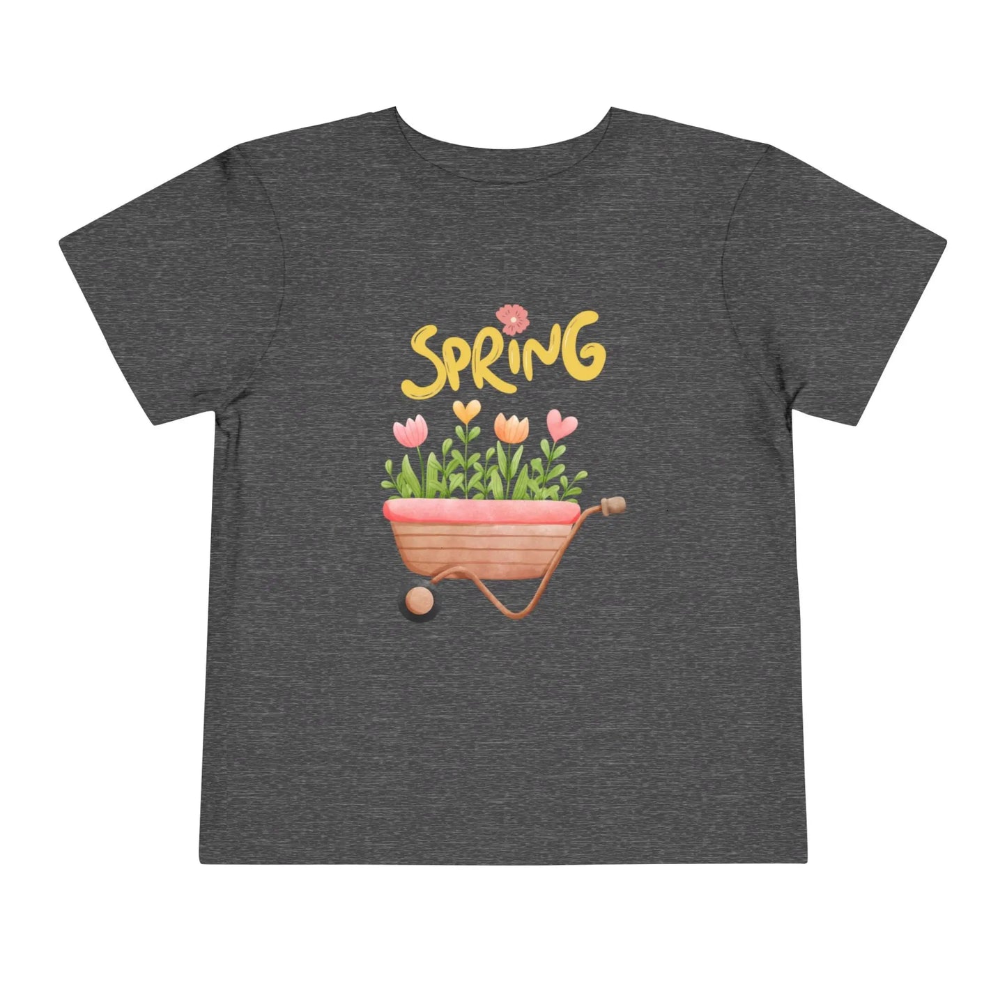 Soft cotton toddler tee with hand-drawn tulips, smiling wheelbarrow, and Spring lettering. Perfect for backyard adventures and playdates. Sizes 2T-5T. Dark Heather Grey
