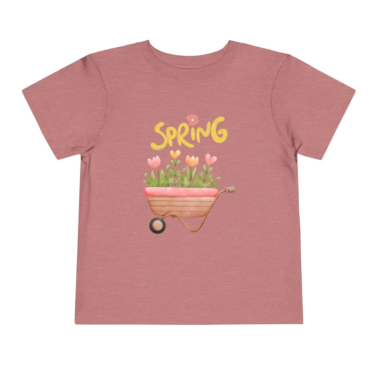 Soft cotton toddler tee with hand-drawn tulips, smiling wheelbarrow, and Spring lettering. Perfect for backyard adventures and playdates. Sizes 2T-5T. Heather Mauve
