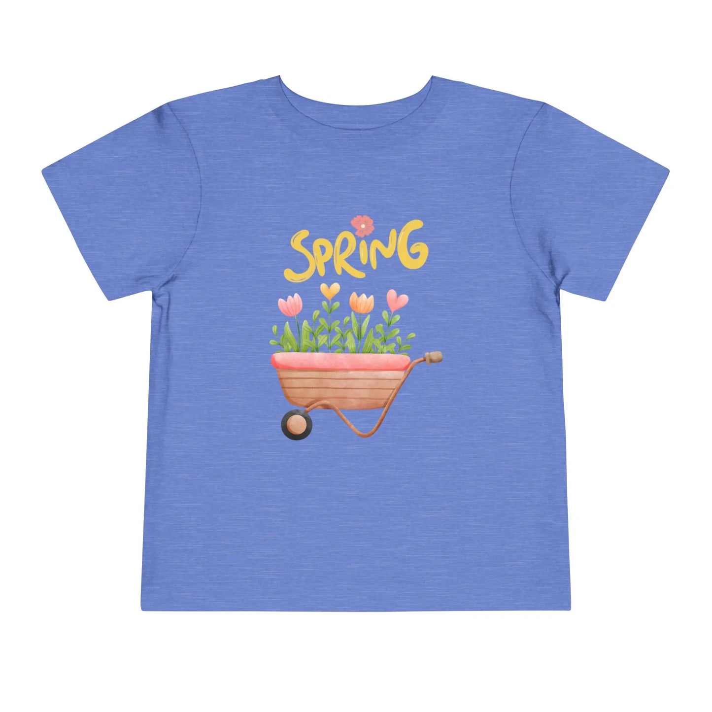 Soft cotton toddler tee with hand-drawn tulips, smiling wheelbarrow, and Spring lettering. Perfect for backyard adventures and playdates. Sizes 2T-5T. Heather Columbia Blue
