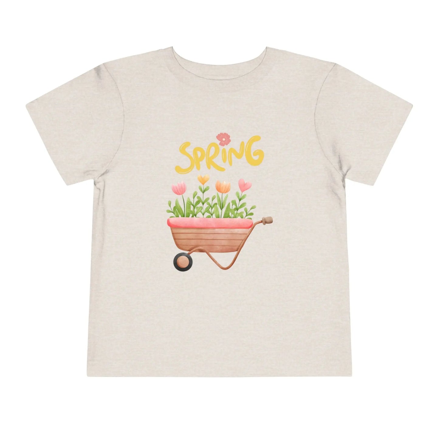 Soft cotton toddler tee with hand-drawn tulips, smiling wheelbarrow, and Spring lettering. Perfect for backyard adventures and playdates. Sizes 2T-5T. Heather Dust
