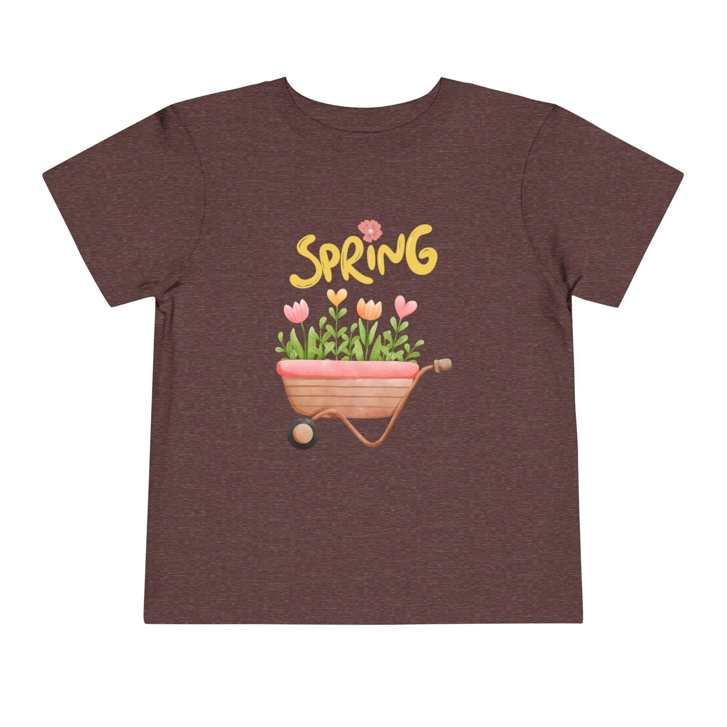 Soft cotton toddler tee with hand-drawn tulips, smiling wheelbarrow, and Spring lettering. Perfect for backyard adventures and playdates. Sizes 2T-5T. Heather Mauve