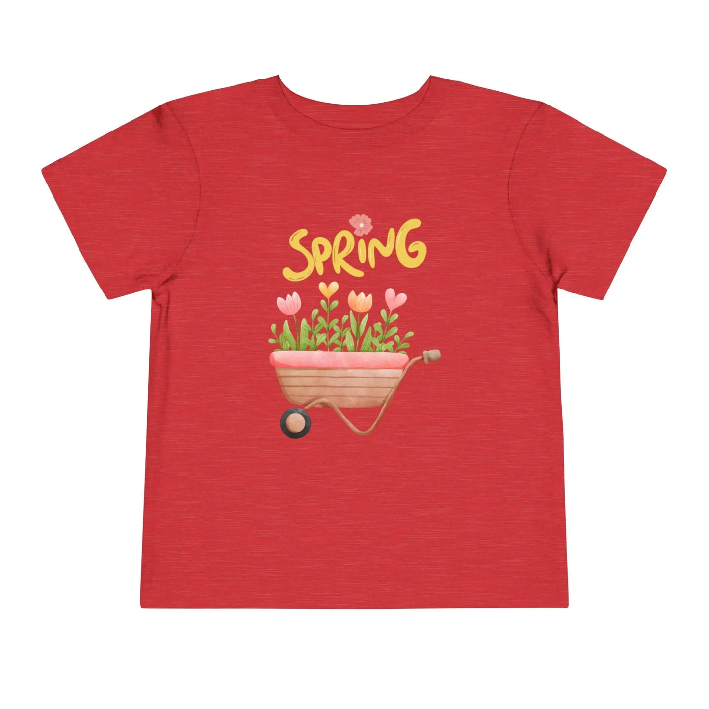 Soft cotton toddler tee with hand-drawn tulips, smiling wheelbarrow, and Spring lettering. Perfect for backyard adventures and playdates. Sizes 2T-5T. Heather Red
