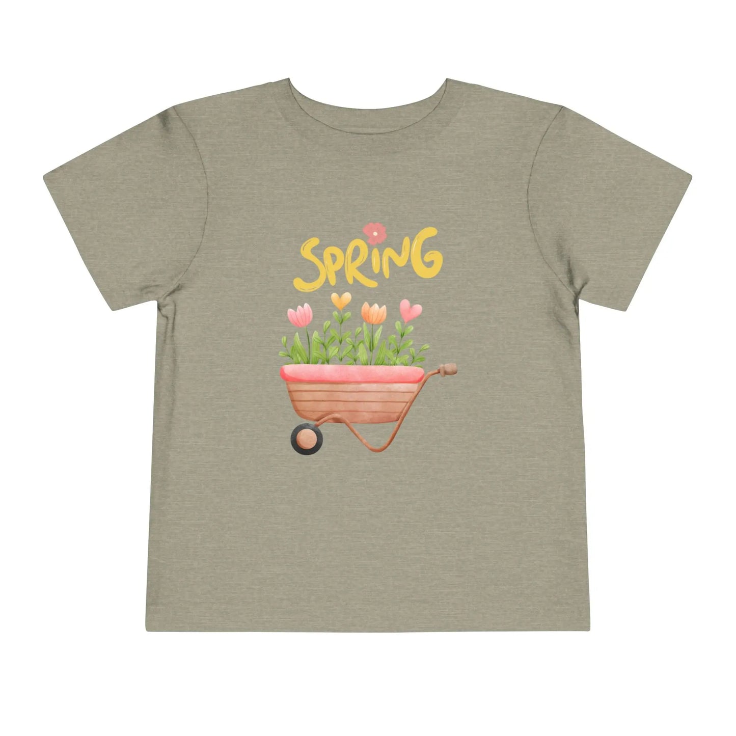 Soft cotton toddler tee with hand-drawn tulips, smiling wheelbarrow, and Spring lettering. Perfect for backyard adventures and playdates. Sizes 2T-5T. Heather Stone
