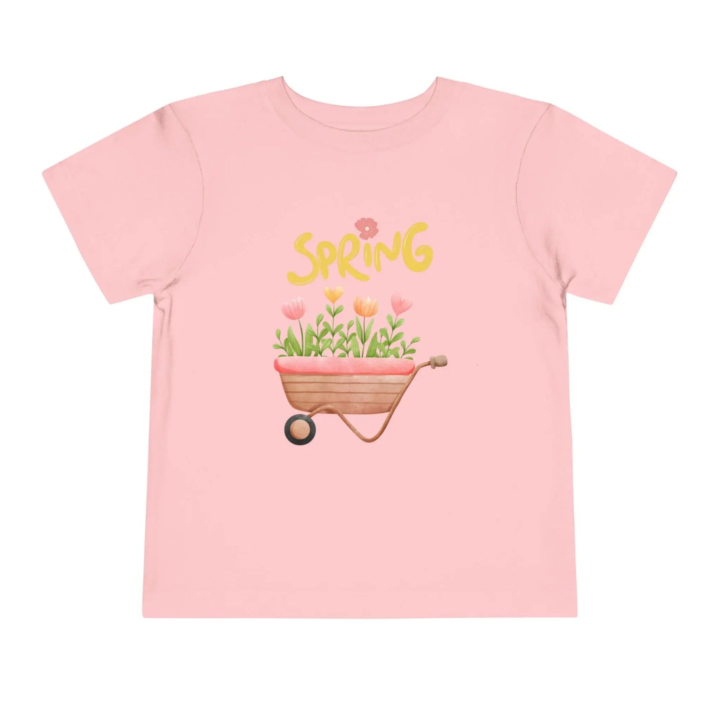 Soft cotton toddler tee with hand-drawn tulips, smiling wheelbarrow, and Spring lettering. Perfect for backyard adventures and playdates. Sizes 2T-5T. Pink
