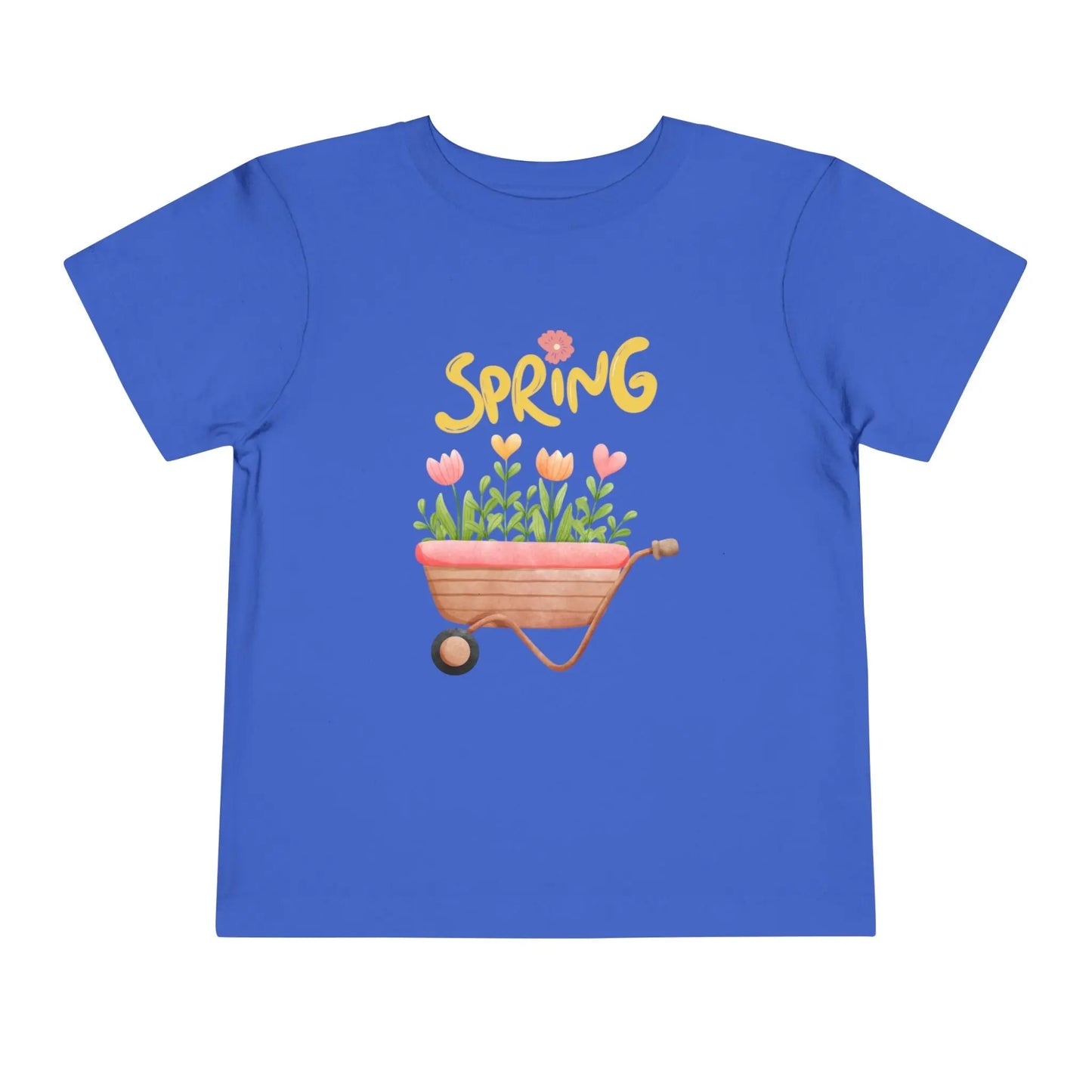 Soft cotton toddler tee with hand-drawn tulips, smiling wheelbarrow, and Spring lettering. Perfect for backyard adventures and playdates. Sizes 2T-5T. True Royal

