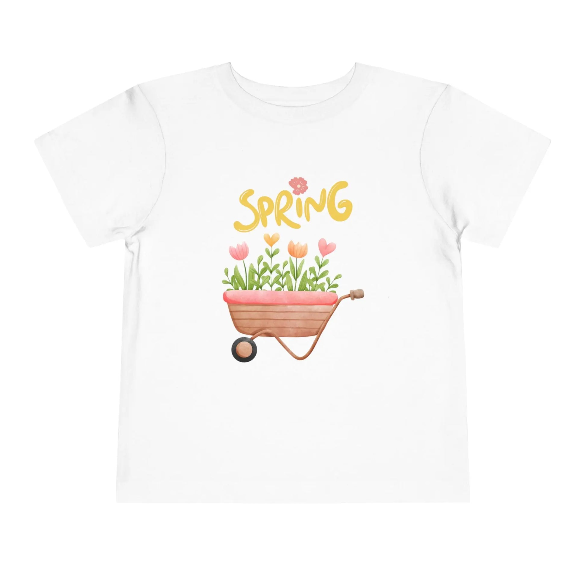 Soft cotton toddler tee with hand-drawn tulips, smiling wheelbarrow, and Spring lettering. Perfect for backyard adventures and playdates. Sizes 2T-5T. White

