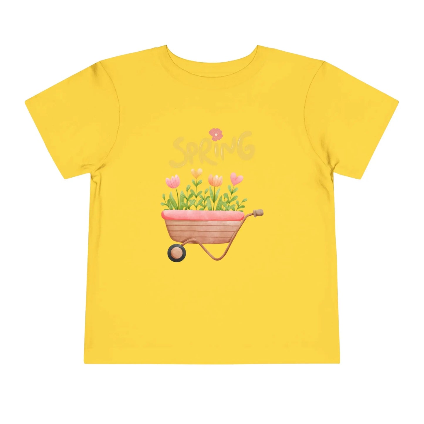 Soft cotton toddler tee with hand-drawn tulips, smiling wheelbarrow, and Spring lettering. Perfect for backyard adventures and playdates. Sizes 2T-5T. Yellow
