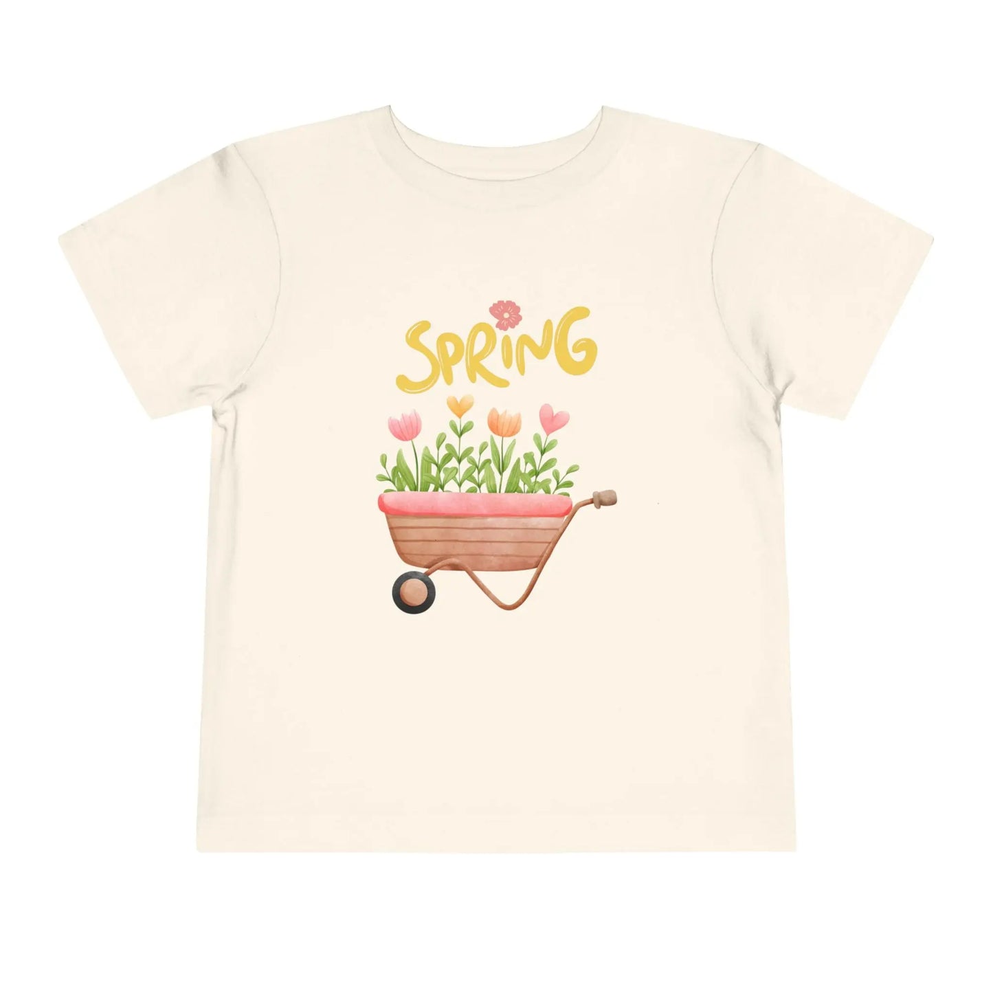 Soft cotton toddler tee with hand-drawn tulips, smiling wheelbarrow, and Spring lettering. Perfect for backyard adventures and playdates. Sizes 2T-5T. Natural
