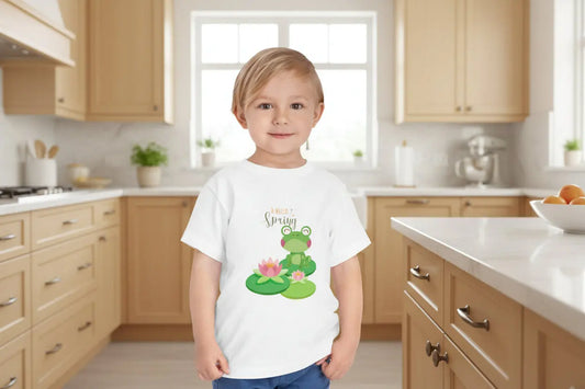 Child wearing an adorable toddler spring tee with cheerful frog and lily pad design. Soft, lightweight cotton perfect for playdates and spring adventures. Hello Spring!