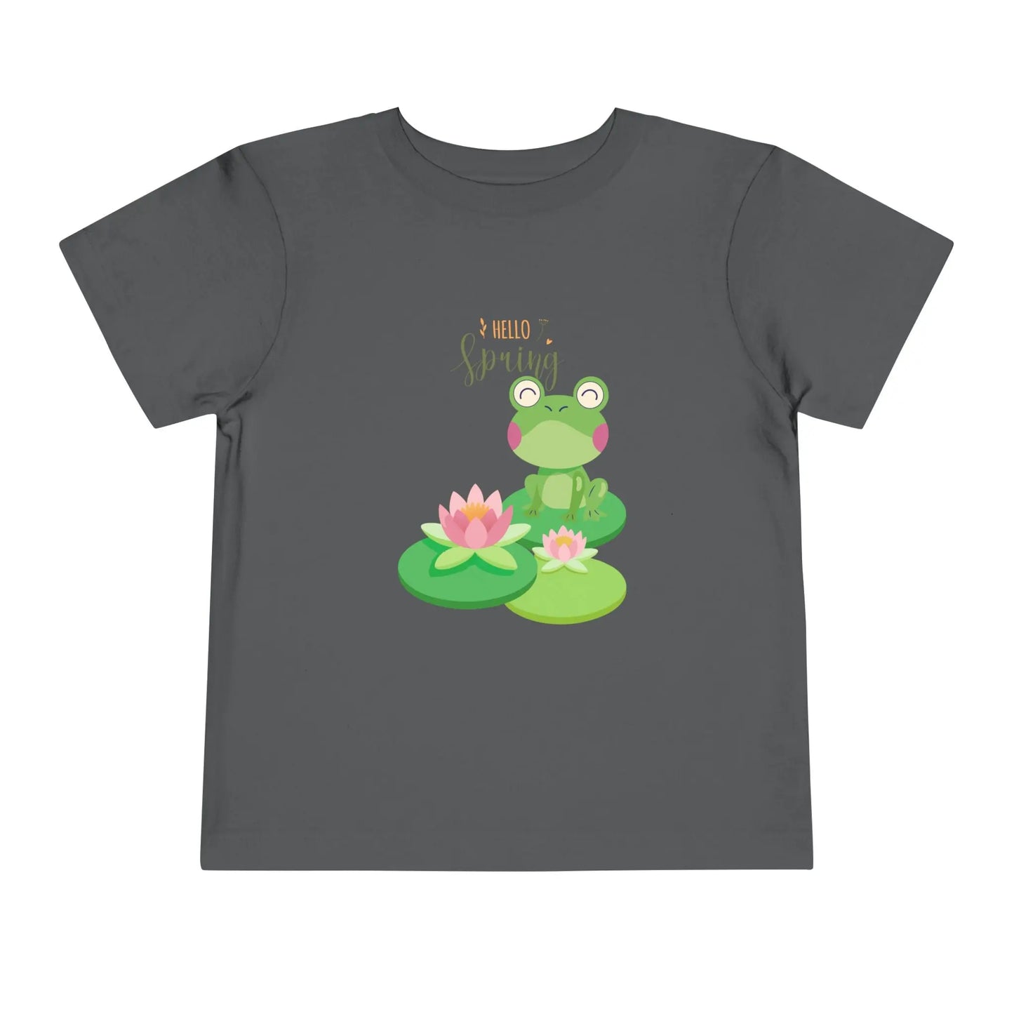 Adorable toddler spring tee with cheerful frog and lily pad design. Soft, lightweight cotton perfect for playdates and spring adventures. Hello Spring! Asphalt
