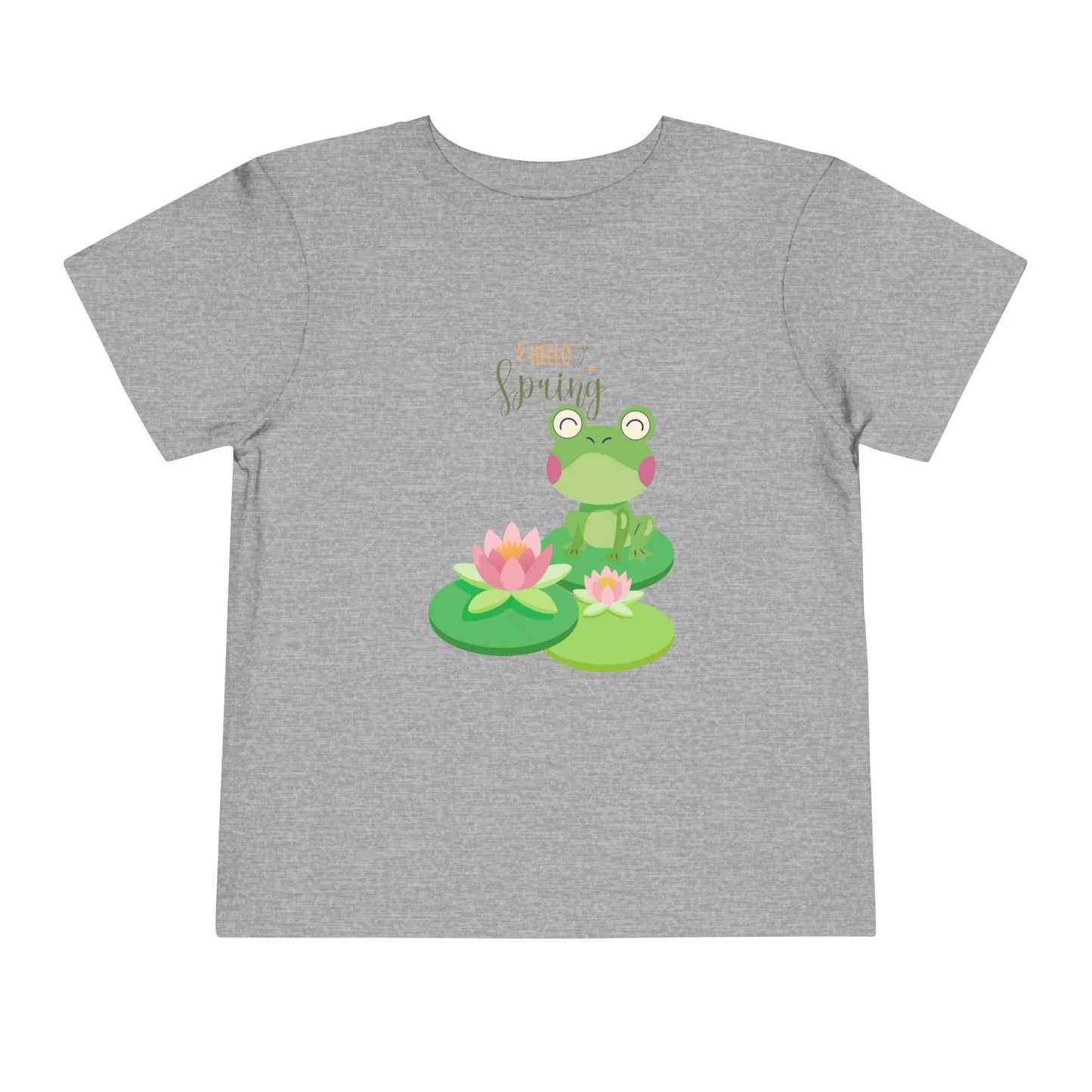 Adorable toddler spring tee with cheerful frog and lily pad design. Soft, lightweight cotton perfect for playdates and spring adventures. Hello Spring! Athletic Heather