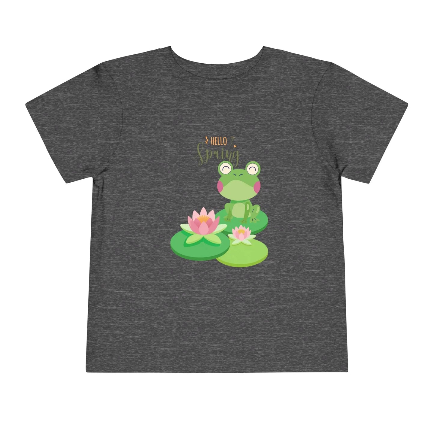 Adorable toddler spring tee with cheerful frog and lily pad design. Soft, lightweight cotton perfect for playdates and spring adventures. Hello Spring! Dark Heather Grey
