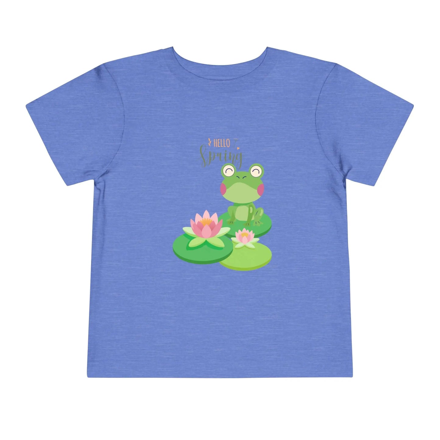 Adorable toddler spring tee with cheerful frog and lily pad design. Soft, lightweight cotton perfect for playdates and spring adventures. Hello Spring! Heather Columbia Blue
