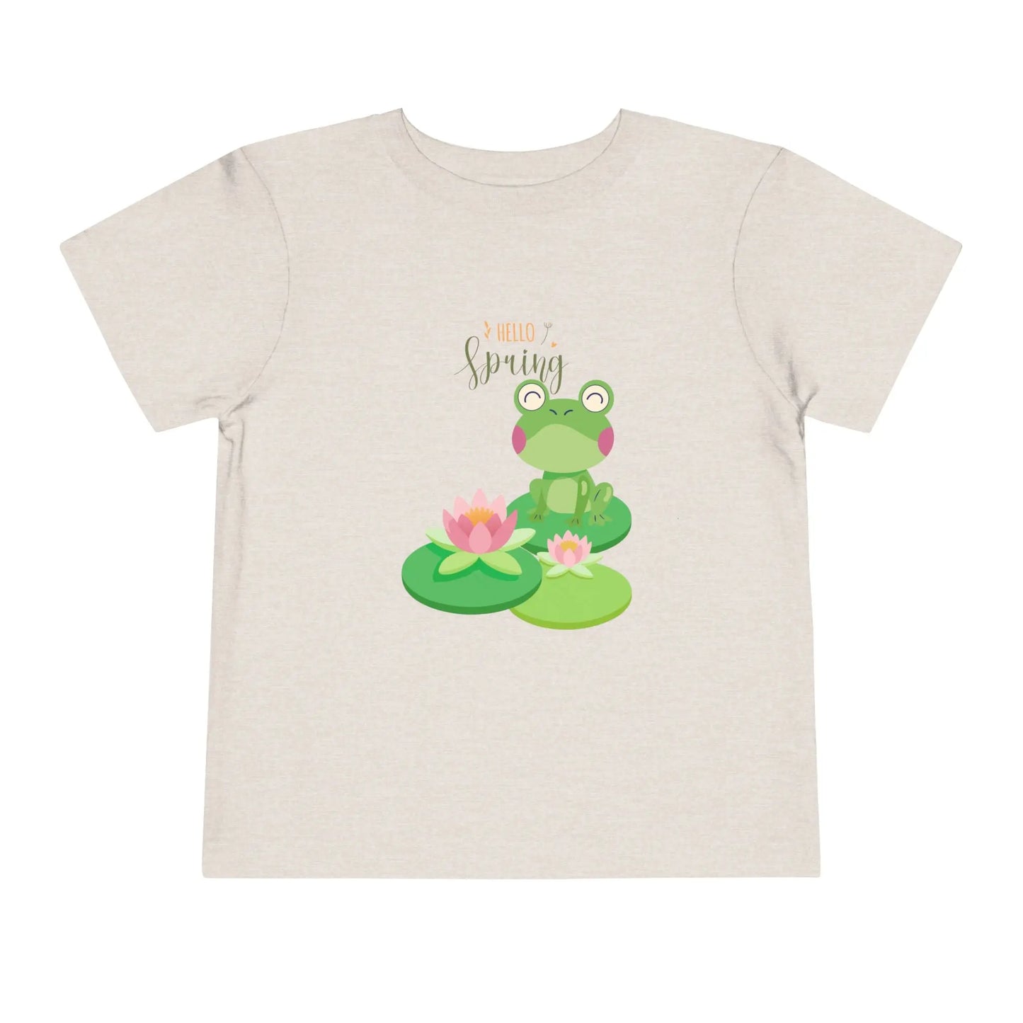 Adorable toddler spring tee with cheerful frog and lily pad design. Soft, lightweight cotton perfect for playdates and spring adventures. Hello Spring! Heather Dust