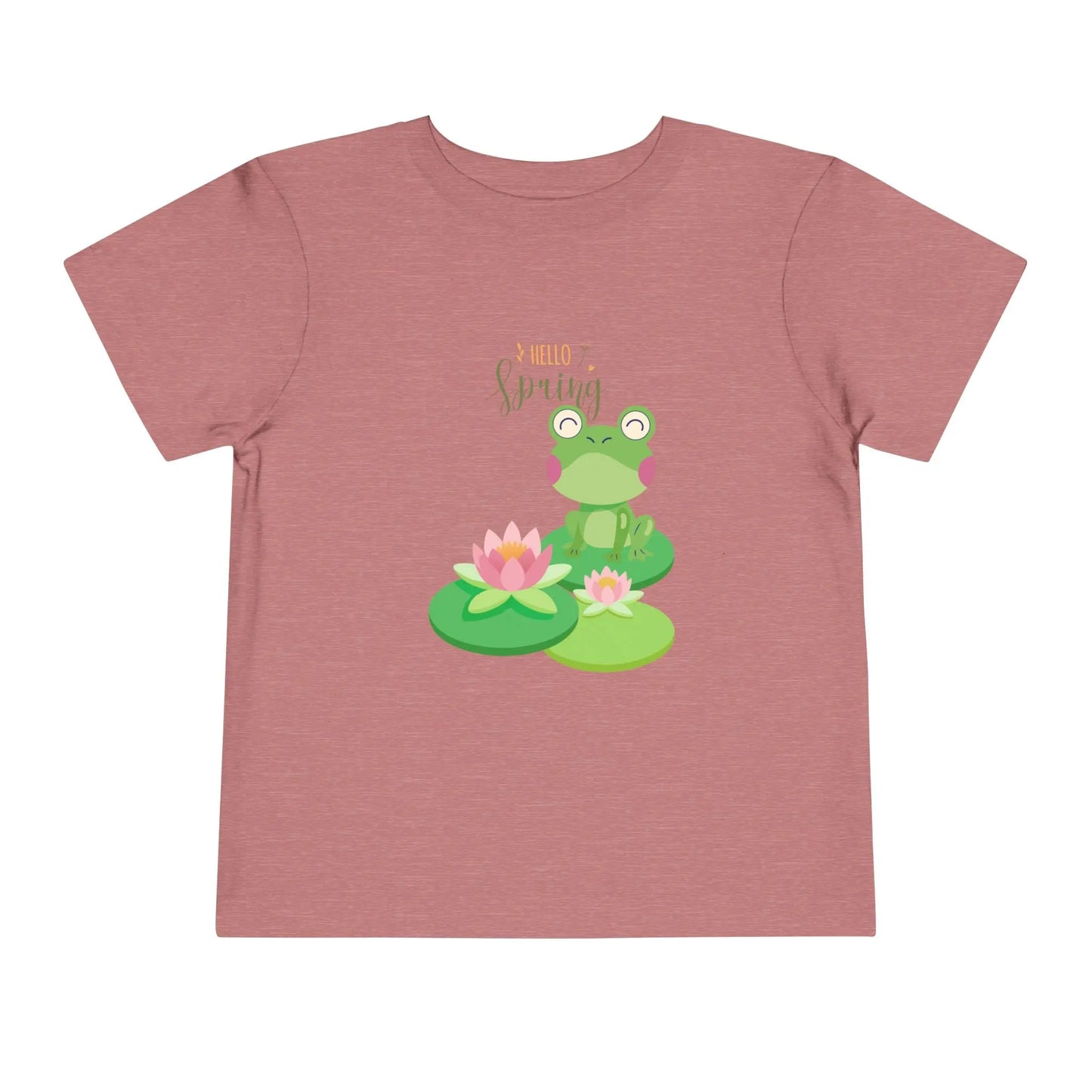 Adorable toddler spring tee with cheerful frog and lily pad design. Soft, lightweight cotton perfect for playdates and spring adventures. Hello Spring! Heather mauve