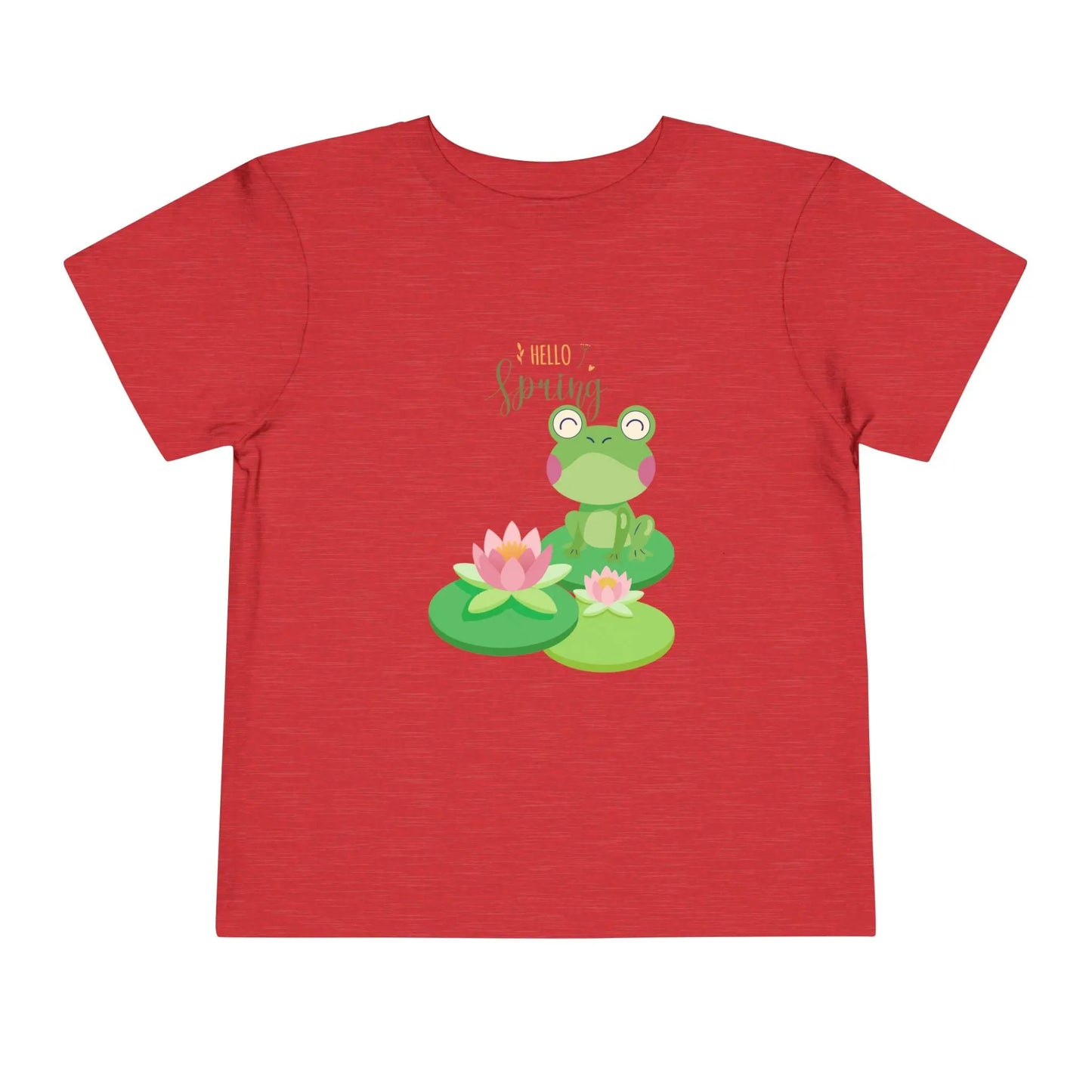 Adorable toddler spring tee with cheerful frog and lily pad design. Soft, lightweight cotton perfect for playdates and spring adventures. Hello Spring! Heather Red