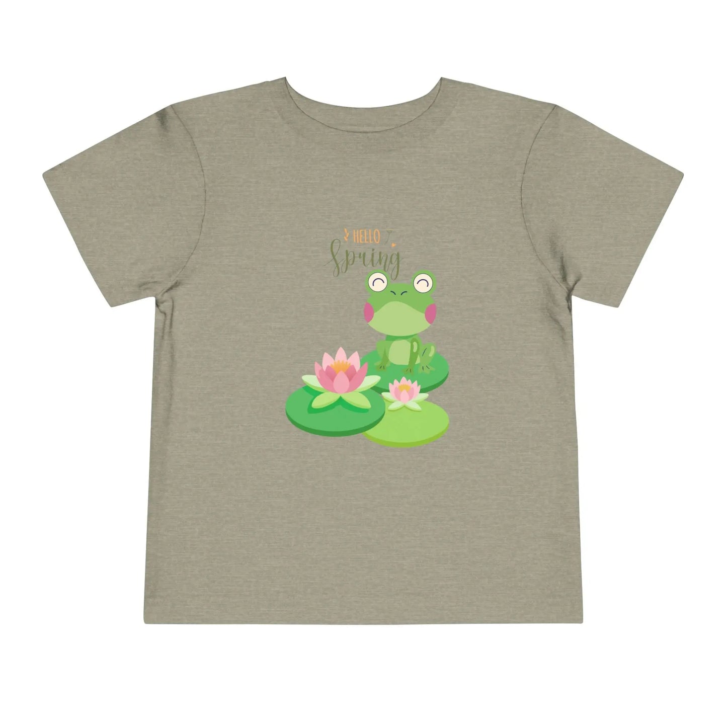 Adorable toddler spring tee with cheerful frog and lily pad design. Soft, lightweight cotton perfect for playdates and spring adventures. Hello Spring! Heather Stone
