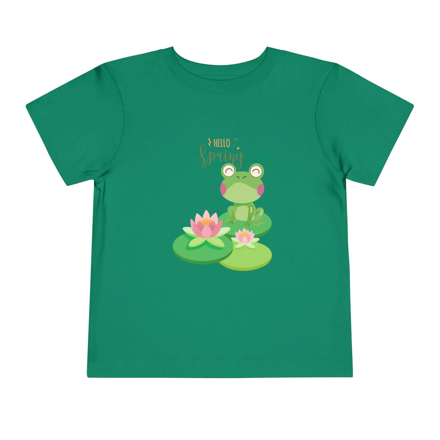 Adorable toddler spring tee with cheerful frog and lily pad design. Soft, lightweight cotton perfect for playdates and spring adventures. Hello Spring!  Kelly Green