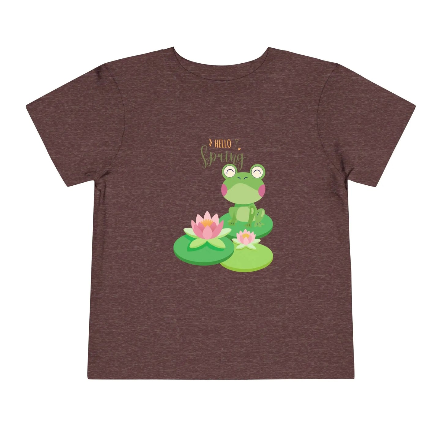 Adorable toddler spring tee with cheerful frog and lily pad design. Soft, lightweight cotton perfect for playdates and spring adventures. Hello Spring! Maroon