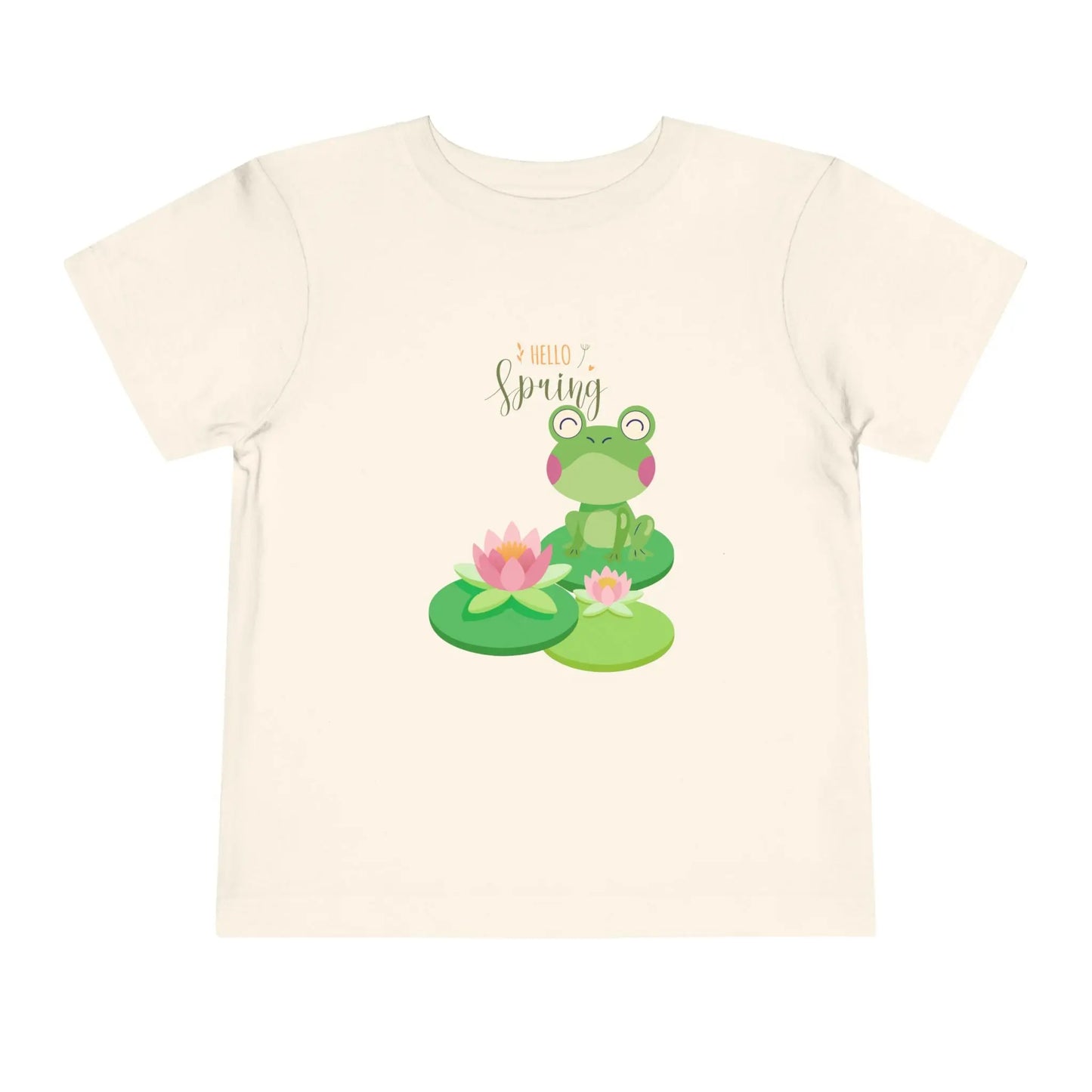 Adorable toddler spring tee with cheerful frog and lily pad design. Soft, lightweight cotton perfect for playdates and spring adventures. Hello Spring! Natural