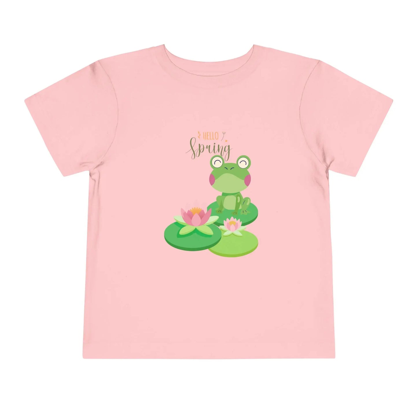 Adorable toddler spring tee with cheerful frog and lily pad design. Soft, lightweight cotton perfect for playdates and spring adventures. Hello Spring! Pink