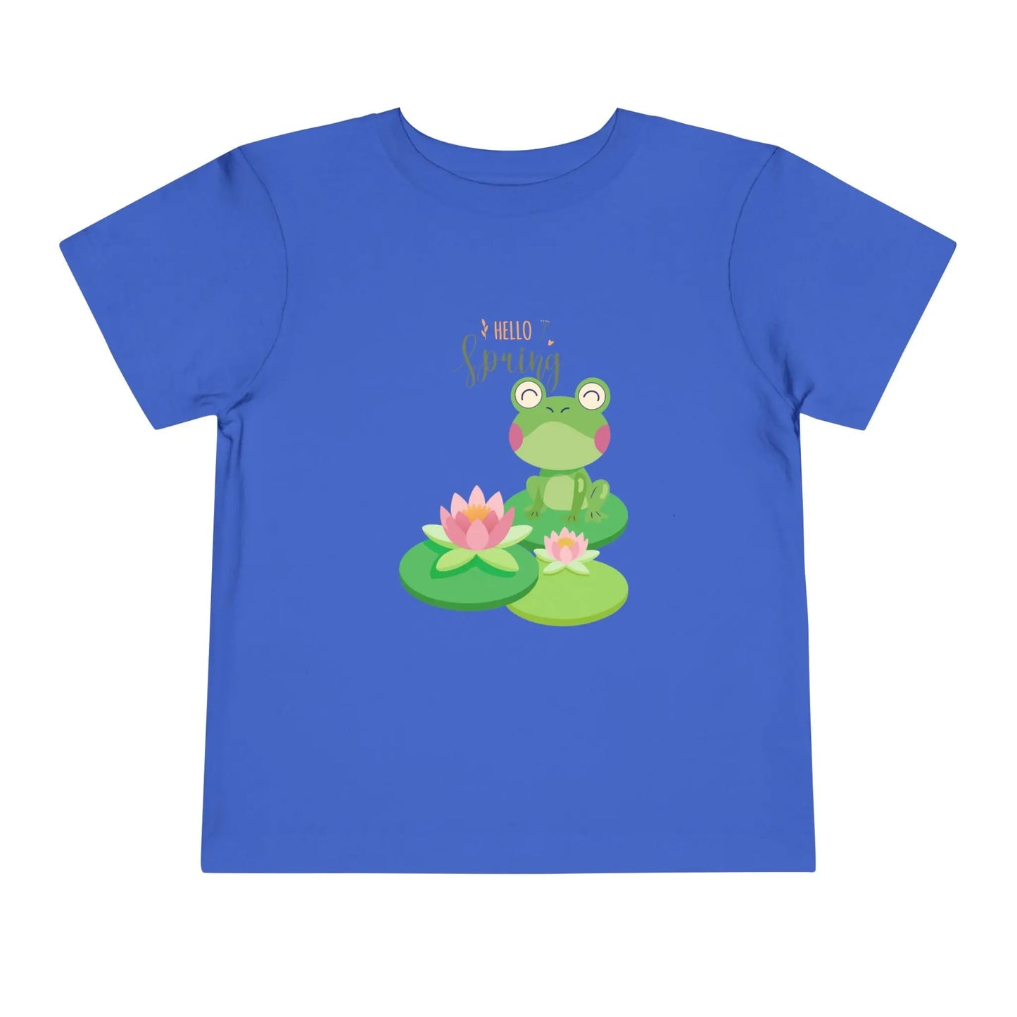 Adorable toddler spring tee with cheerful frog and lily pad design. Soft, lightweight cotton perfect for playdates and spring adventures. Hello Spring! True Royal