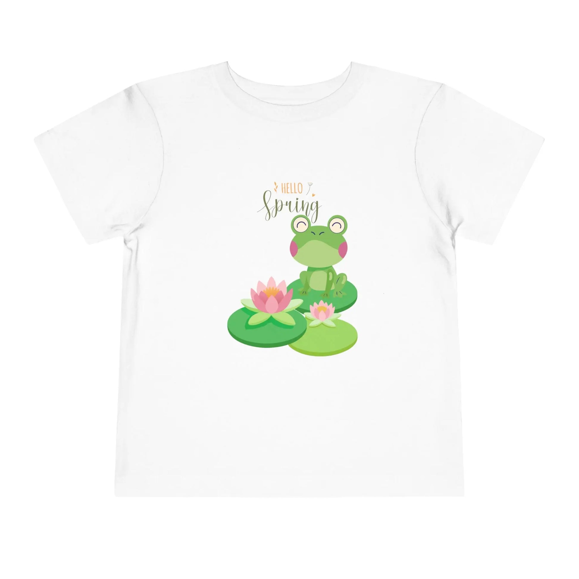 Adorable toddler spring tee with cheerful frog and lily pad design. Soft, lightweight cotton perfect for playdates and spring adventures. Hello Spring! White