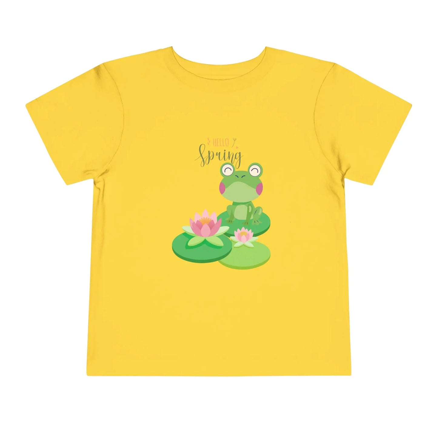 Adorable toddler spring tee with cheerful frog and lily pad design. Soft, lightweight cotton perfect for playdates and spring adventures. Hello Spring! Yellow