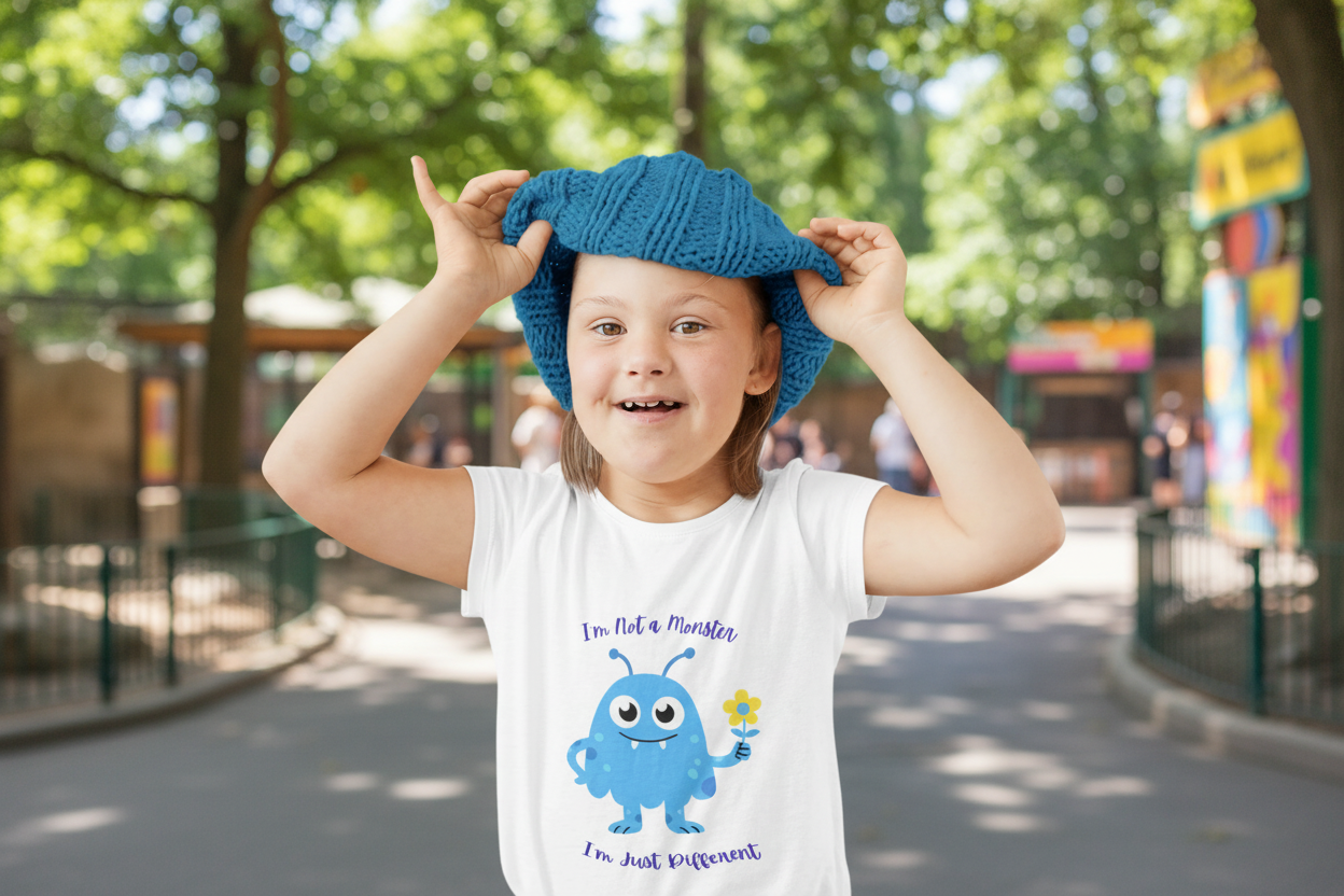 Little girl wearing this Adorable toddler autism awareness tee with friendly blue monster design. Soft, sensory-friendly cotton perfect for preschool and play. Celebrates uniqueness with kindness. White