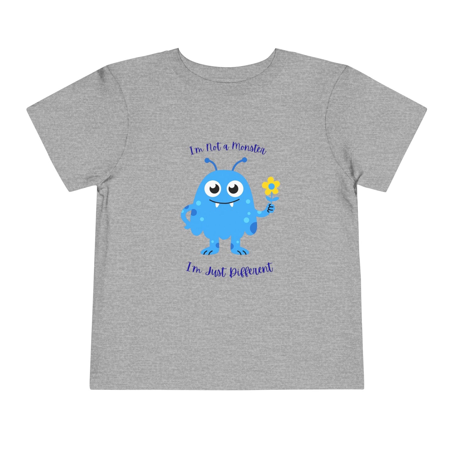 Adorable toddler autism awareness tee with friendly blue monster design. Soft, sensory-friendly cotton perfect for preschool and play. Celebrates uniqueness with kindness. Athletic Heather