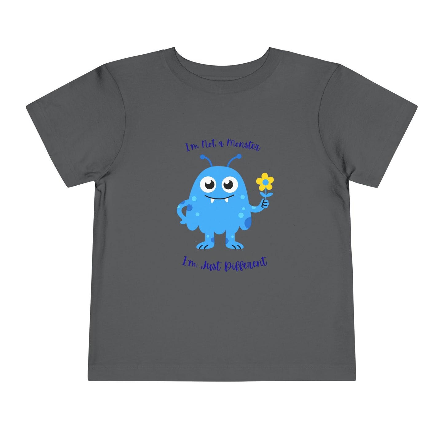 Adorable toddler autism awareness tee with friendly blue monster design. Soft, sensory-friendly cotton perfect for preschool and play. Celebrates uniqueness with kindness. Asphalt