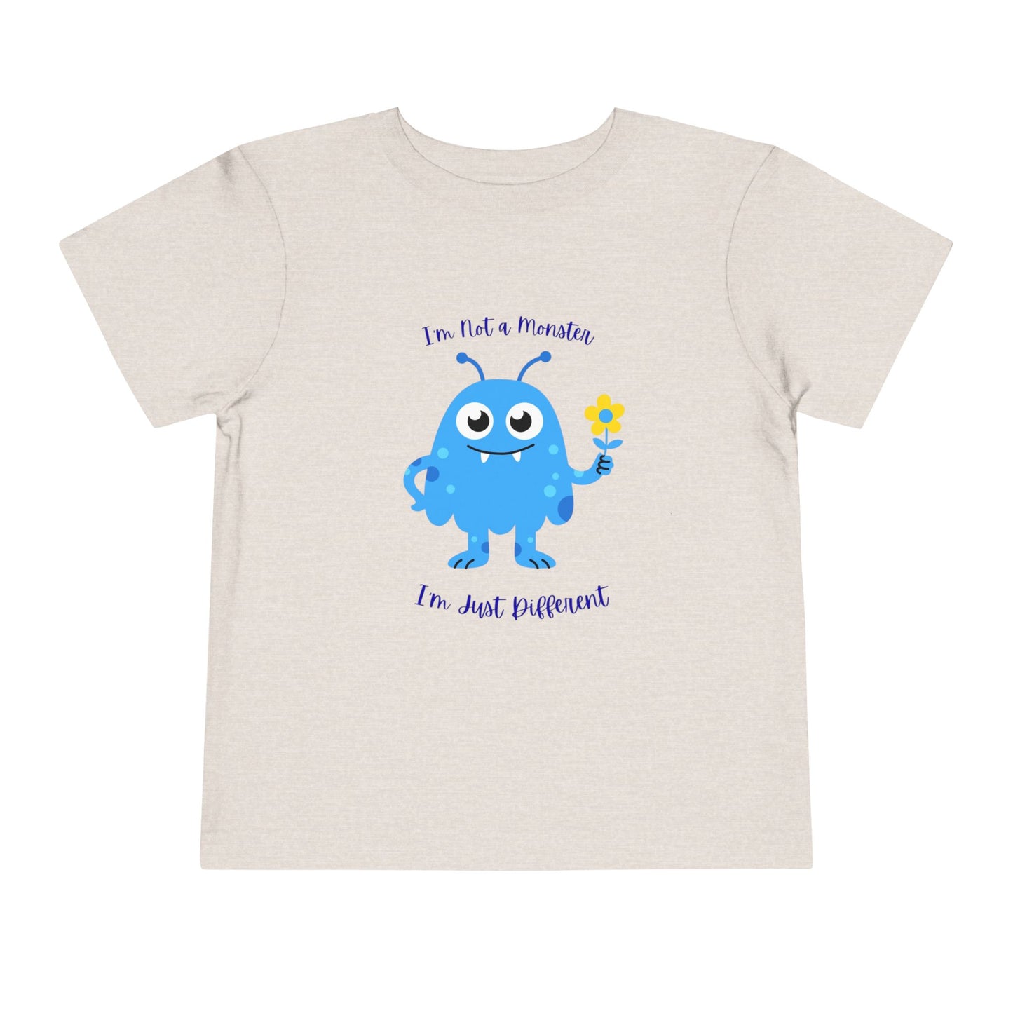 Adorable toddler autism awareness tee with friendly blue monster design. Soft, sensory-friendly cotton perfect for preschool and play. Celebrates uniqueness with kindness. Heather Dust