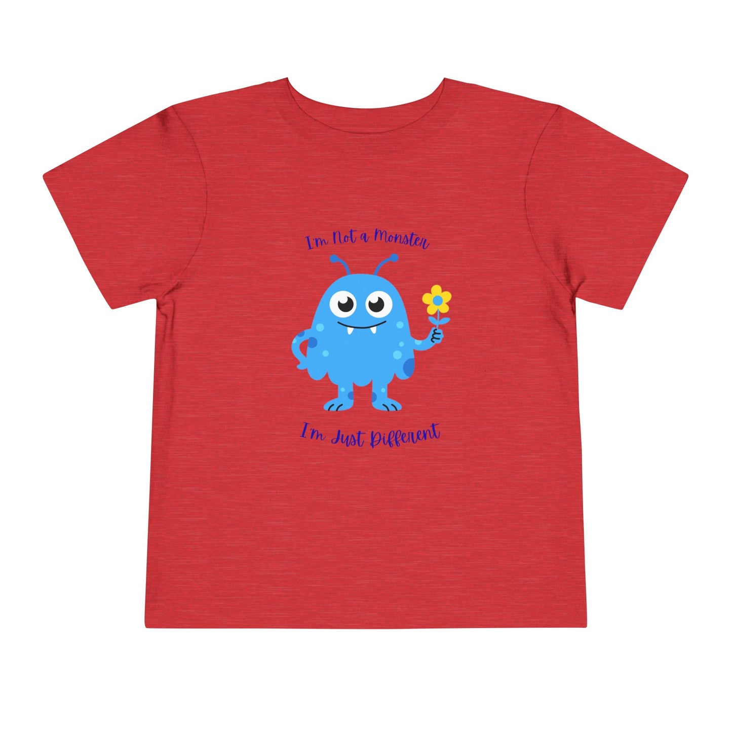 Adorable toddler autism awareness tee with friendly blue monster design. Soft, sensory-friendly cotton perfect for preschool and play. Celebrates uniqueness with kindness. Heather Red