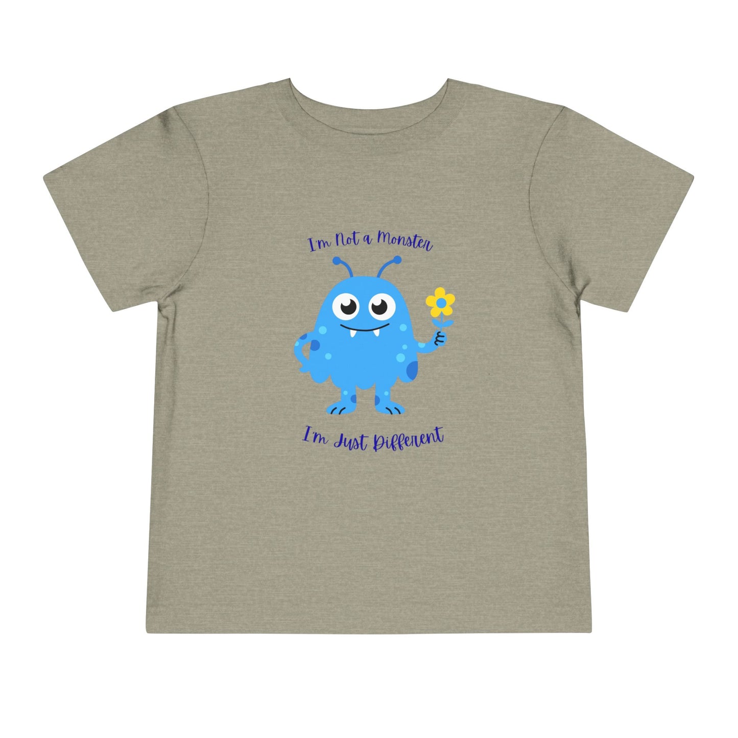 Adorable toddler autism awareness tee with friendly blue monster design. Soft, sensory-friendly cotton perfect for preschool and play. Celebrates uniqueness with kindness. Heather Stone
