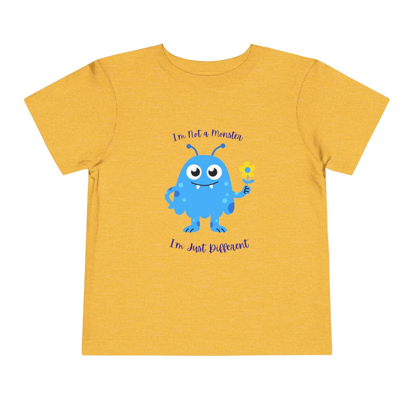 Adorable toddler autism awareness tee with friendly blue monster design. Soft, sensory-friendly cotton perfect for preschool and play. Celebrates uniqueness with kindness. Heather Yellow Gold