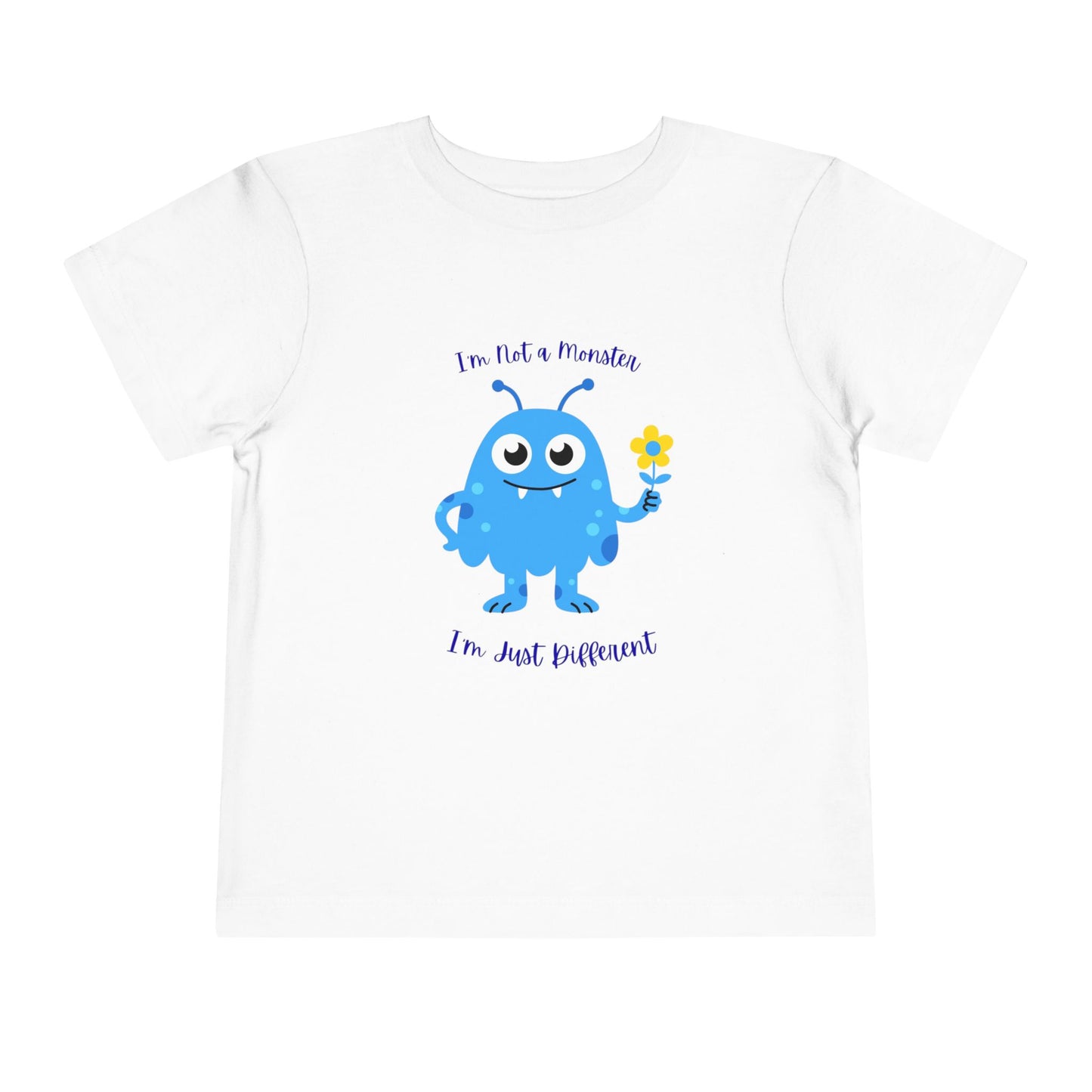 Adorable toddler autism awareness tee with friendly blue monster design. Soft, sensory-friendly cotton perfect for preschool and play. Celebrates uniqueness with kindness. White