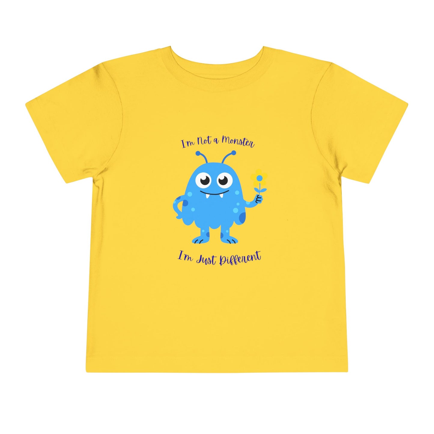 Adorable toddler autism awareness tee with friendly blue monster design. Soft, sensory-friendly cotton perfect for preschool and play. Celebrates uniqueness with kindness. Yellow