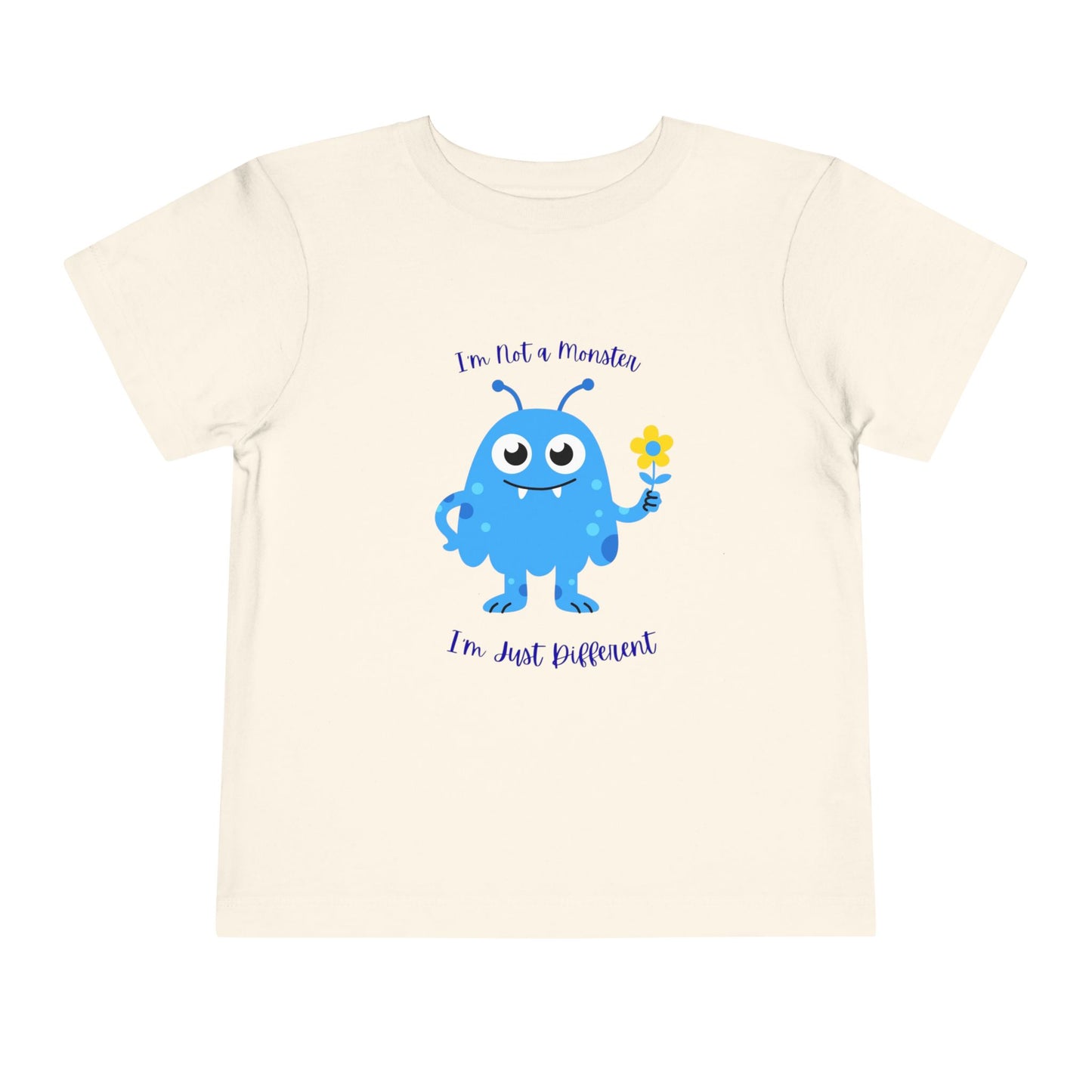 Adorable toddler autism awareness tee with friendly blue monster design. Soft, sensory-friendly cotton perfect for preschool and play. Celebrates uniqueness with kindness. Natural