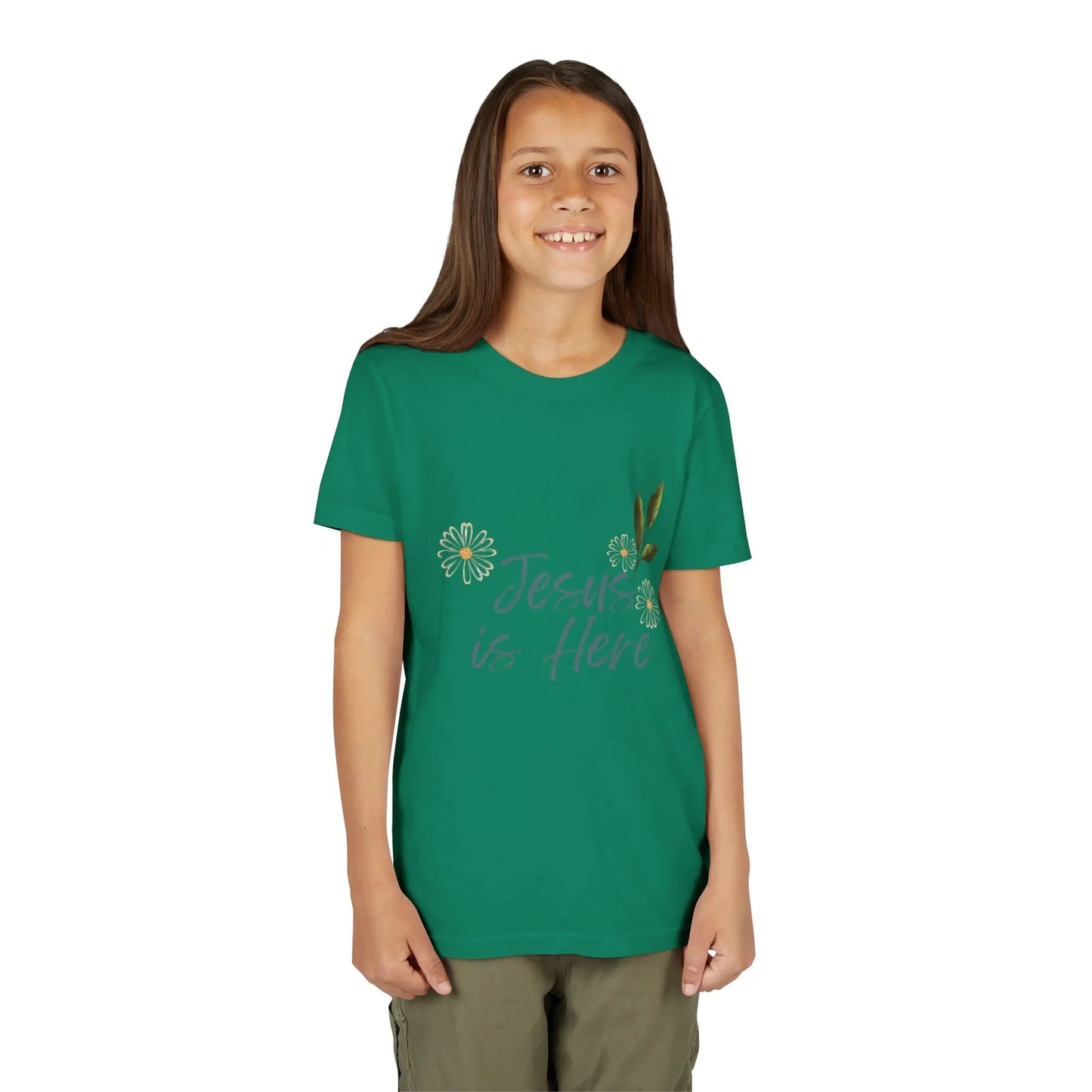 A soft, floral "Jesus is Here" youth Christian tee — a gentle reminder of God's presence for little ones. Perfect for church, Sunday school, baptisms, and everyday faith wear.