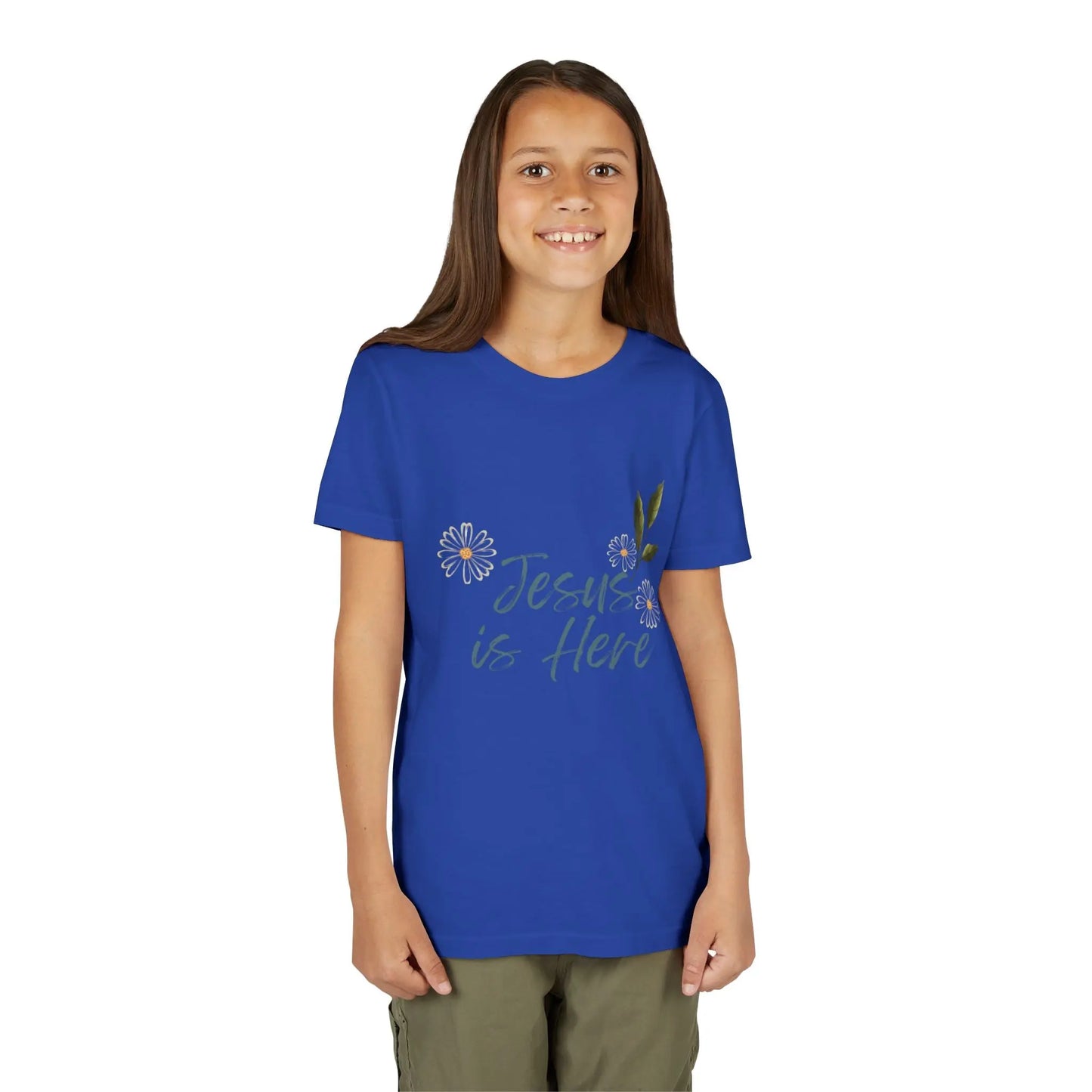 A soft, floral "Jesus is Here" youth Christian tee — a gentle reminder of God's presence for little ones. Perfect for church, Sunday school, baptisms, and everyday faith wear. True Royal