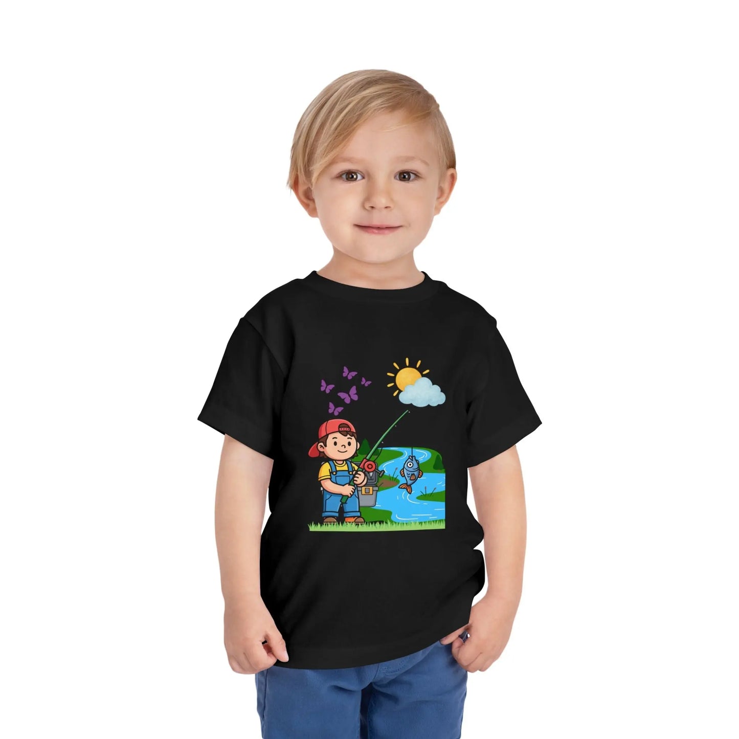 Cute kid fishing toddler tee with a fun outdoor graphic. Soft cotton, sizes 2T–5T. Perfect for little anglers, lake days & nature-loving kids. Black